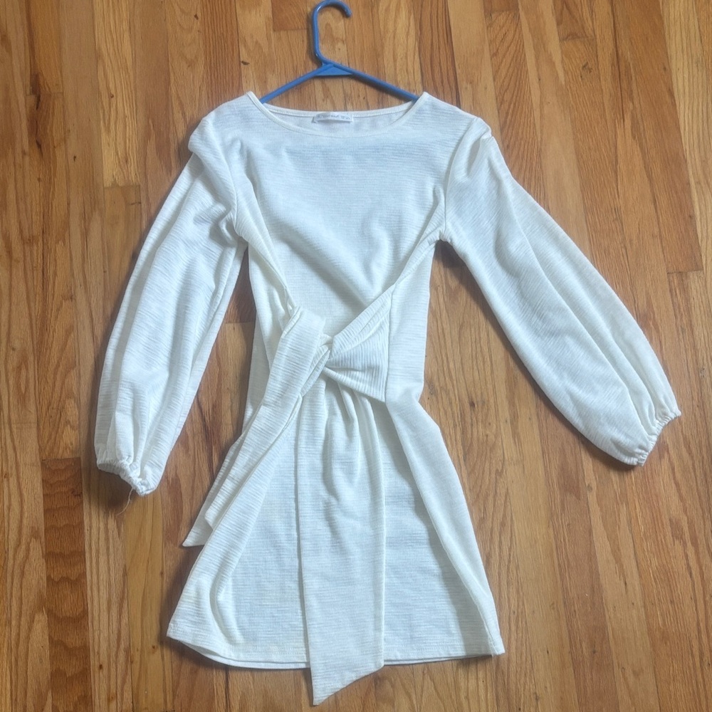 White Long-Sleeve Mini Dress with Tie Waist